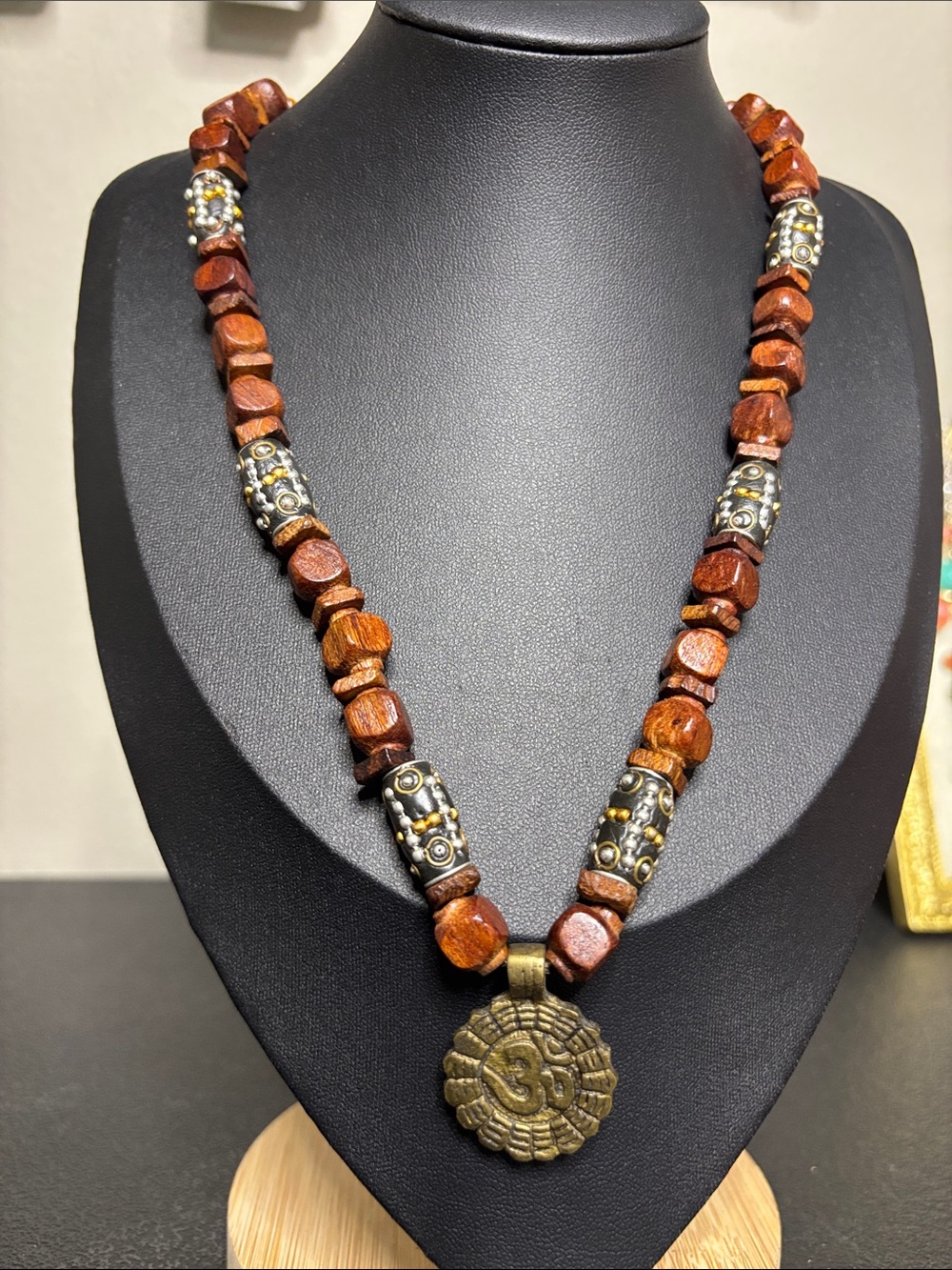 Handcrafted Brown Wood Bead Necklace with Brass Pendant